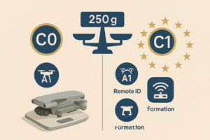 Infographie comparant les classes C0 et C1 avec une balance « 250 g », pictos A1, Remote ID et formation
