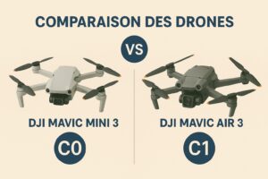 Comparatif visuel des drones DJI Mini 3 et DJI Air 3 avec médaillons C0 et C1 et un cercle « VS »
