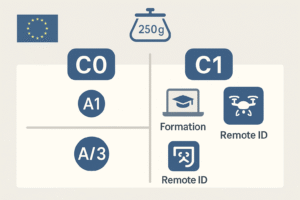 Tableau simplifié des obligations C0 et C1 pour drones < 250 g, avec drapeau de l’UE, A1, Remote ID et formation