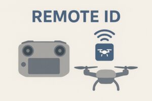 Radiocommande à gauche, drone à droite, pictogramme d’émission sans fil « Remote ID » au-dessus
