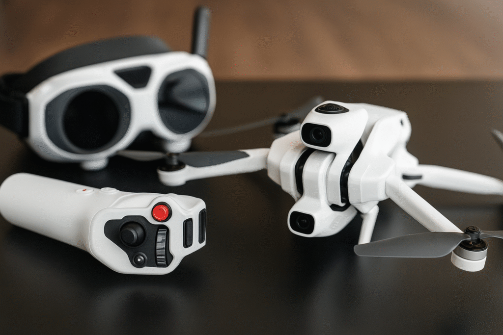 Drone FPV compact blanc posé sur table, avec lunettes FPV et contrôleur à main au premier plan