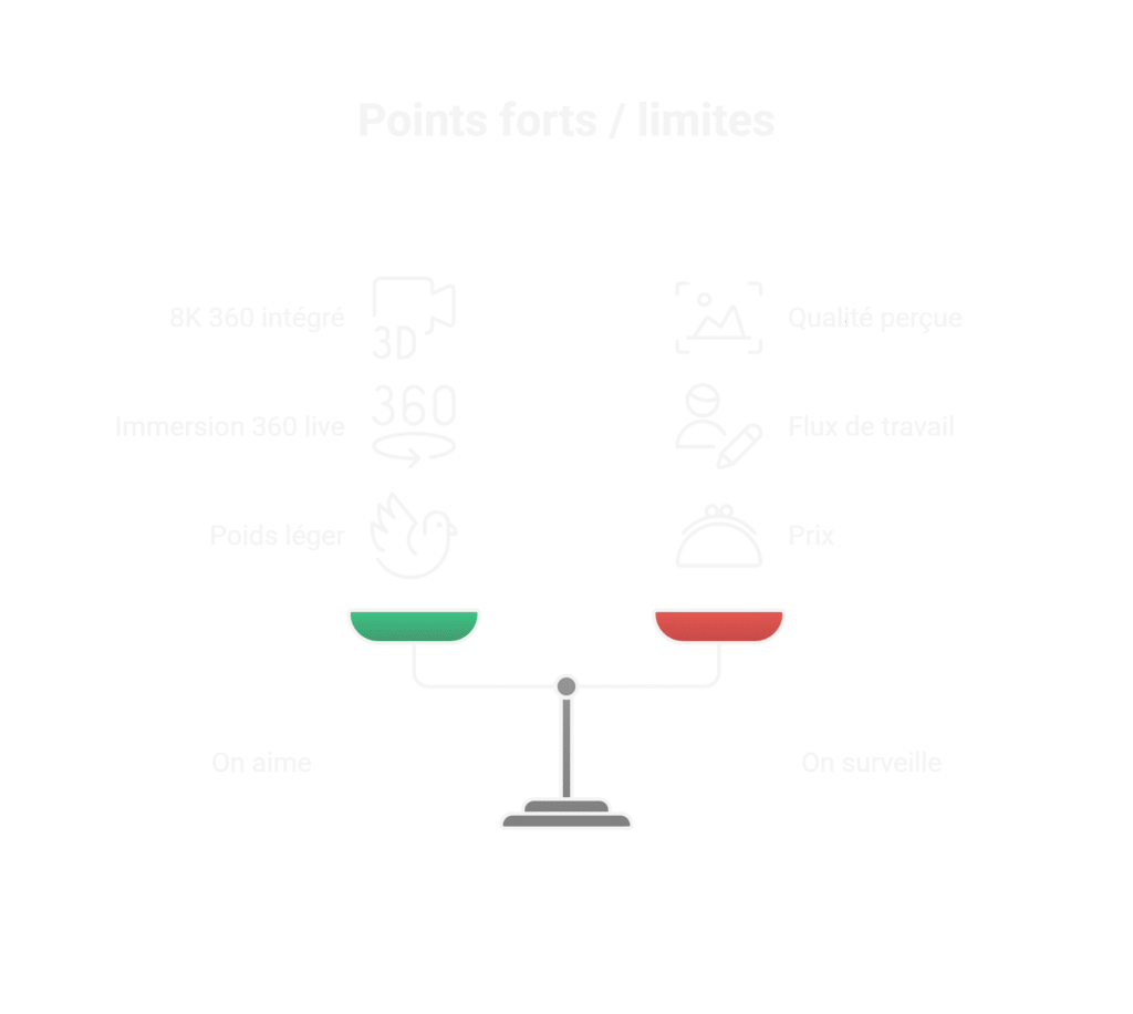 Infographie comparant points forts et limites : balance centrale, atouts à gauche (8K 360 intégré, immersion 360 live, poids léger) et points à surveiller à droite (qualité perçue, flux de travail, prix)