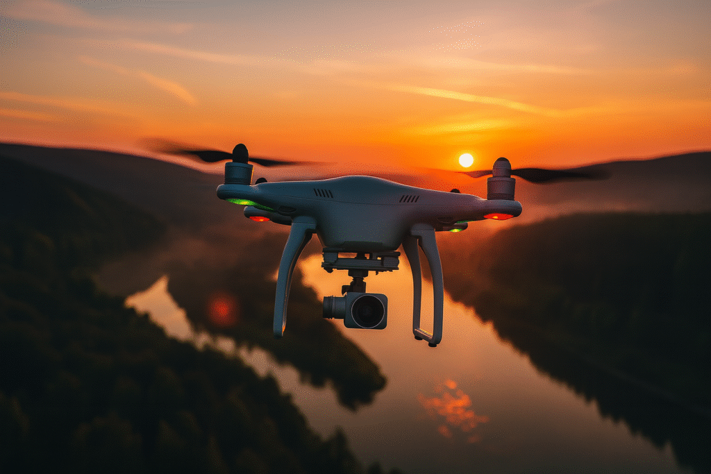 Drone quadricoptère avec caméra volant au-dessus d’une vallée et d’une rivière au coucher de soleil