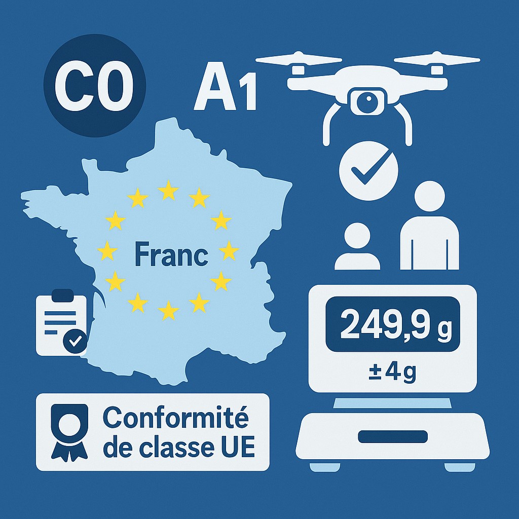 Infographie sur les règles drones en France/UE : pictogrammes C0 et A1, carte de France avec étoiles UE, drone, icône d’enregistrement, personnes (A1), balance 249,9 g ± 4 g, badge Conformité de classe UE.